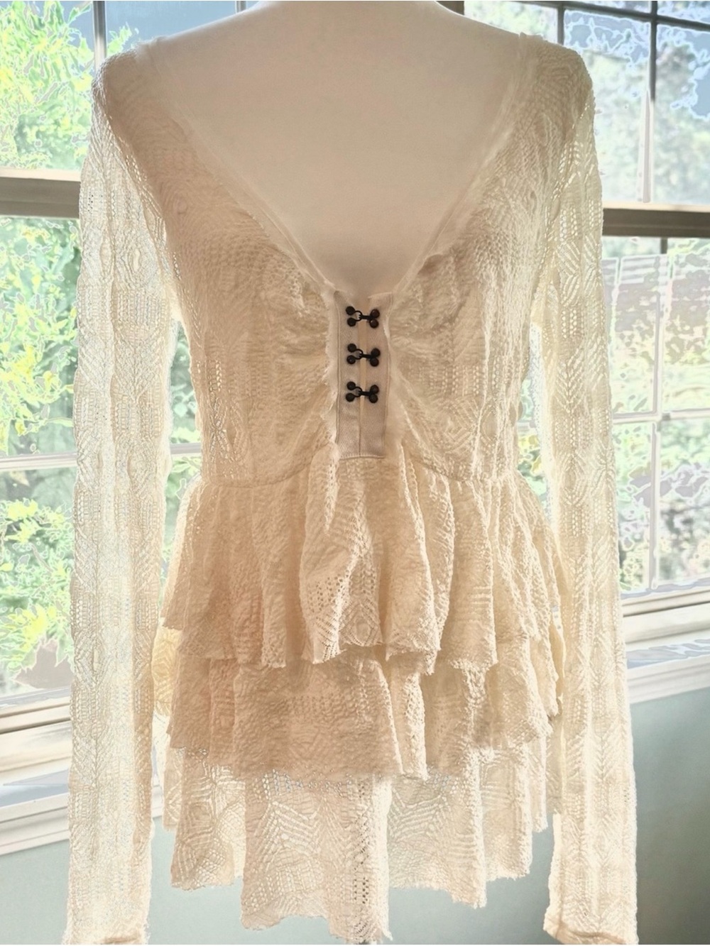 Free People Cream Lace Tiered Long Sleeve Top with Hook Closures